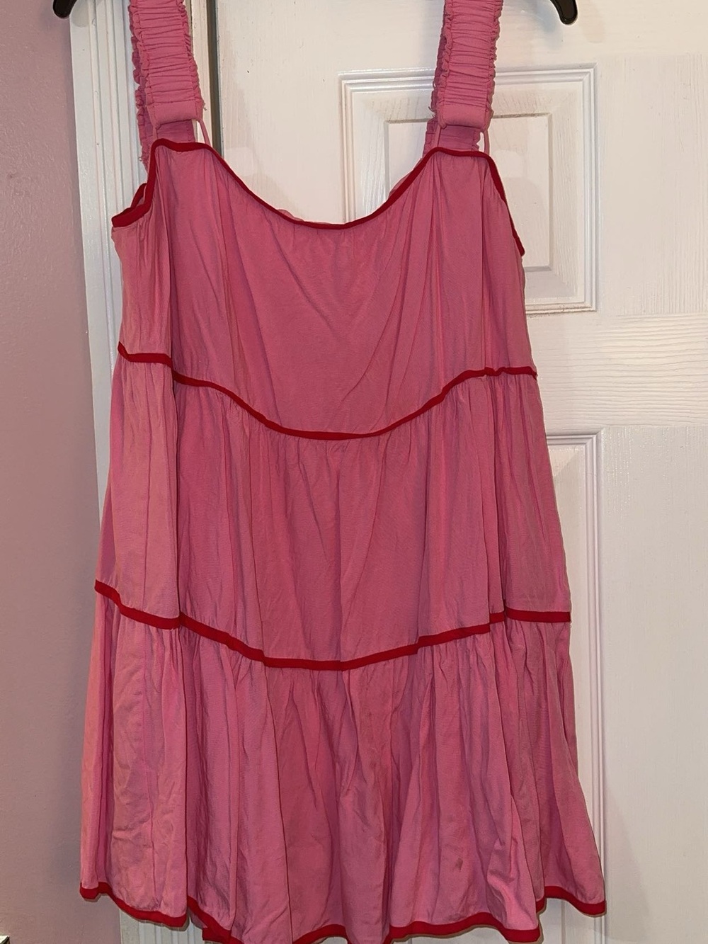 Pink Lily Pink Tiered Ruffle Sundress with Red Trim